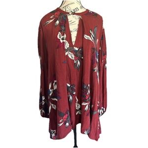 Free People Floral Long sleeve Tunic Oversized Shirt Size XS‎ Burgundy Casual